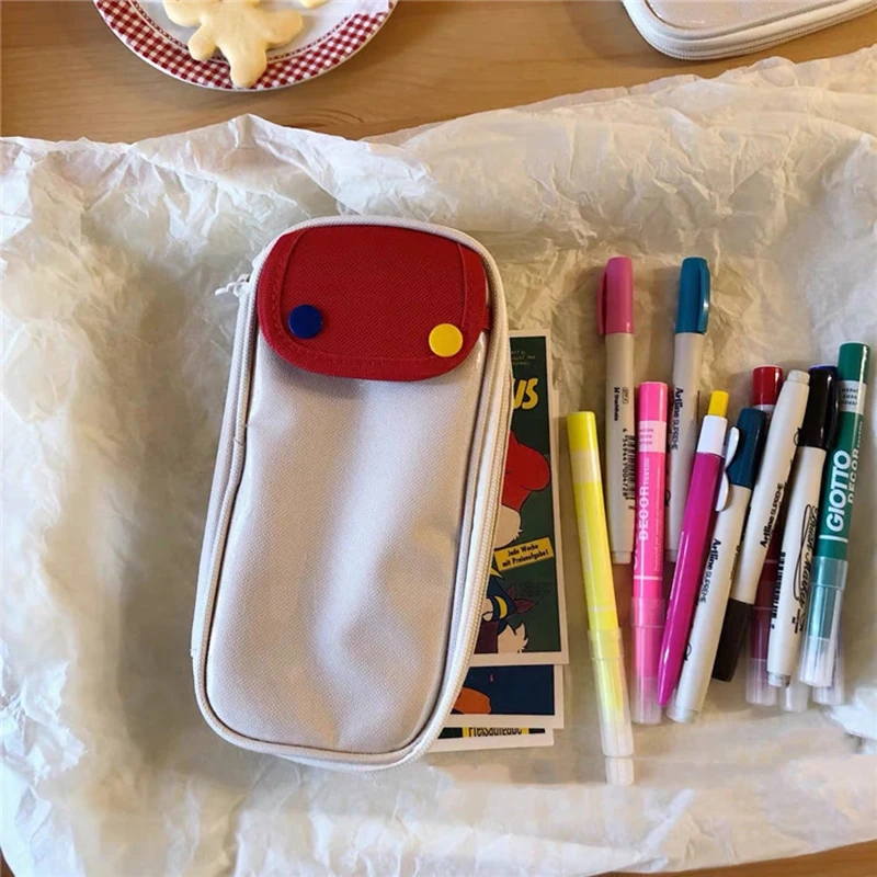 Large Capacity Pencil Bag Retro Contrast Color Student Pencil Case Multifunction Canvas Zipper Stationery Storage Bag 2024