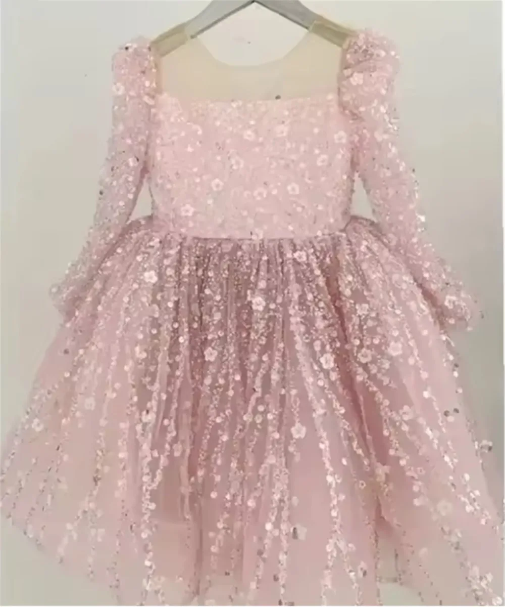

Girls' Dress New Long Sleeved Sparkling Sequined Full Sleeves Baby Fluffy Birthday Party Princess Kids First Communion Gown