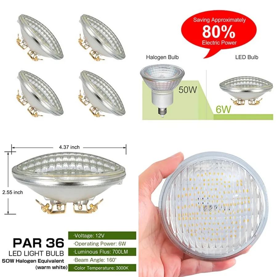 

PAR36 LED Landscape Bulb, 6W 50W Halogen Equivalent,12V Low Voltage Tractor Light, 700LM - Warm White - 12V AC/DC - 4 Pack