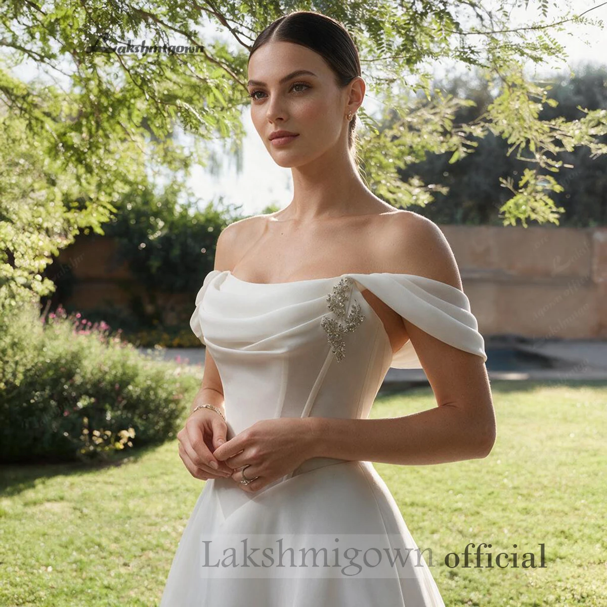 Lakshmigown Einfaches schulterfreies Hochzeitskleid, A-Linien-Brautkleid, plissiertes Korsett, Vestido De Noiva für Strand- und Outdoor-Hochzeiten – Detail 8