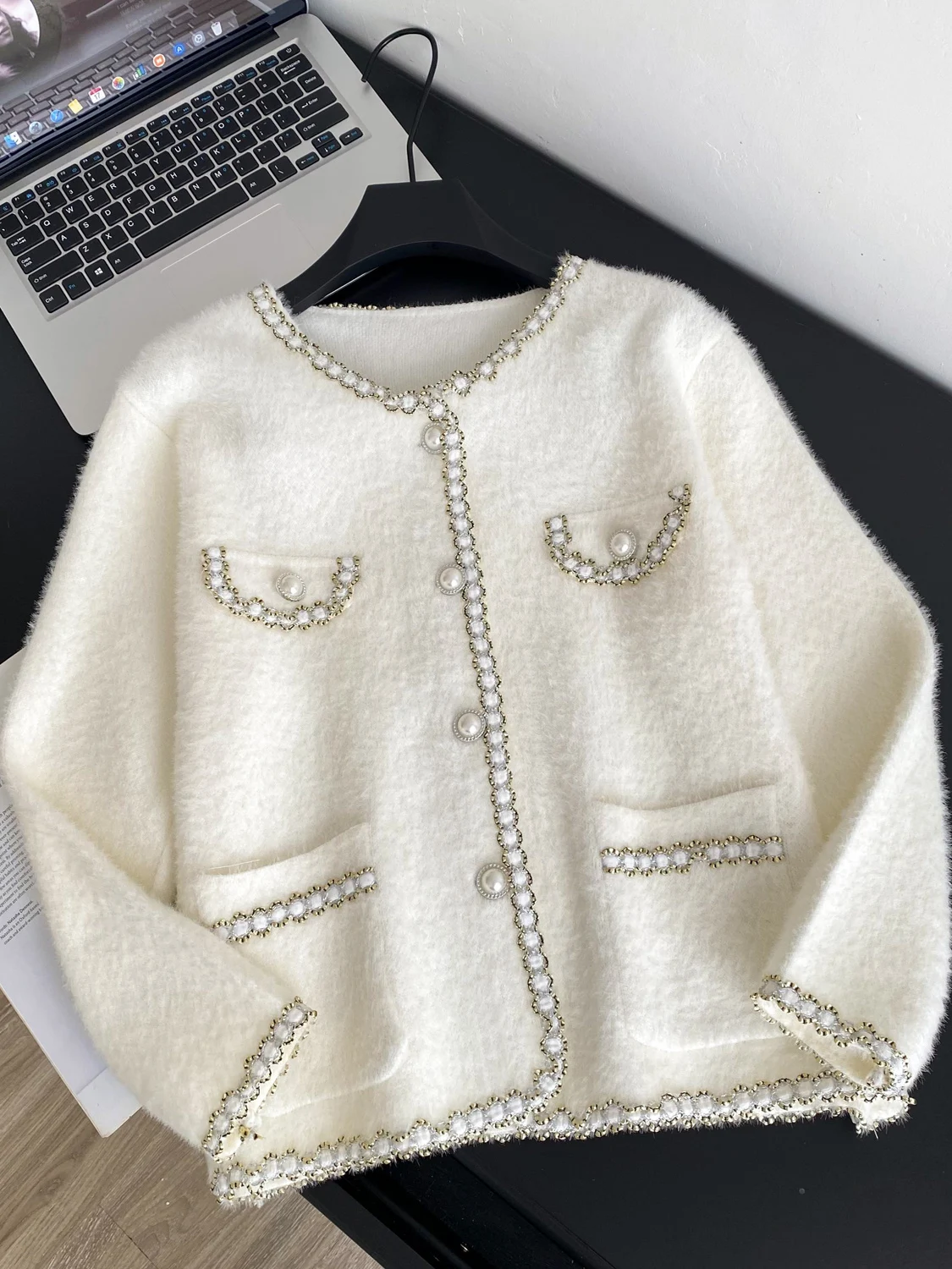 

Ele Heavy Embellied ket Knitted Sweater Women's round Ne Cardigan Winter Faion Commute Sle Long Sve Coat
