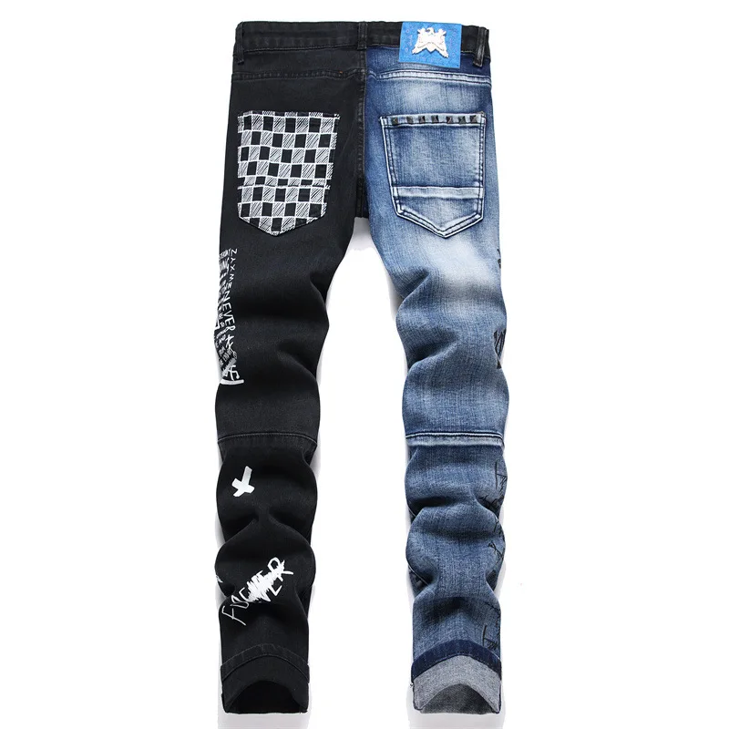 Men Punk Skinny Denim Letter Printing Jeans Male Patchwork Holes Ripped Stretch Casual Jeans Slim Fit Trousers Streetwear Pants