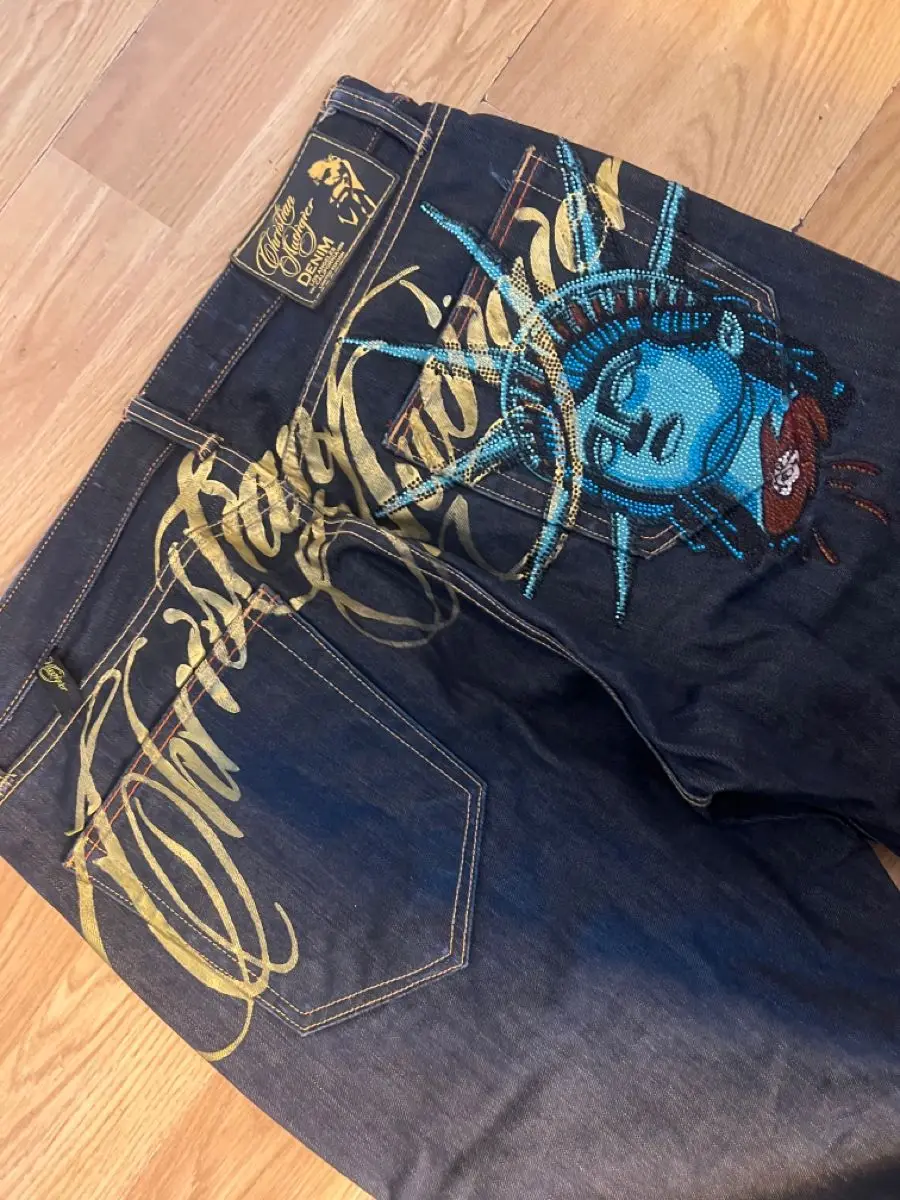 

Y2k Позолота Статуя Свободы Джинсы с бриллиантами Повседневные джинсовые брюки с высокой талией Прямые широкие джинсы Harajuku Ретро Женская одежда