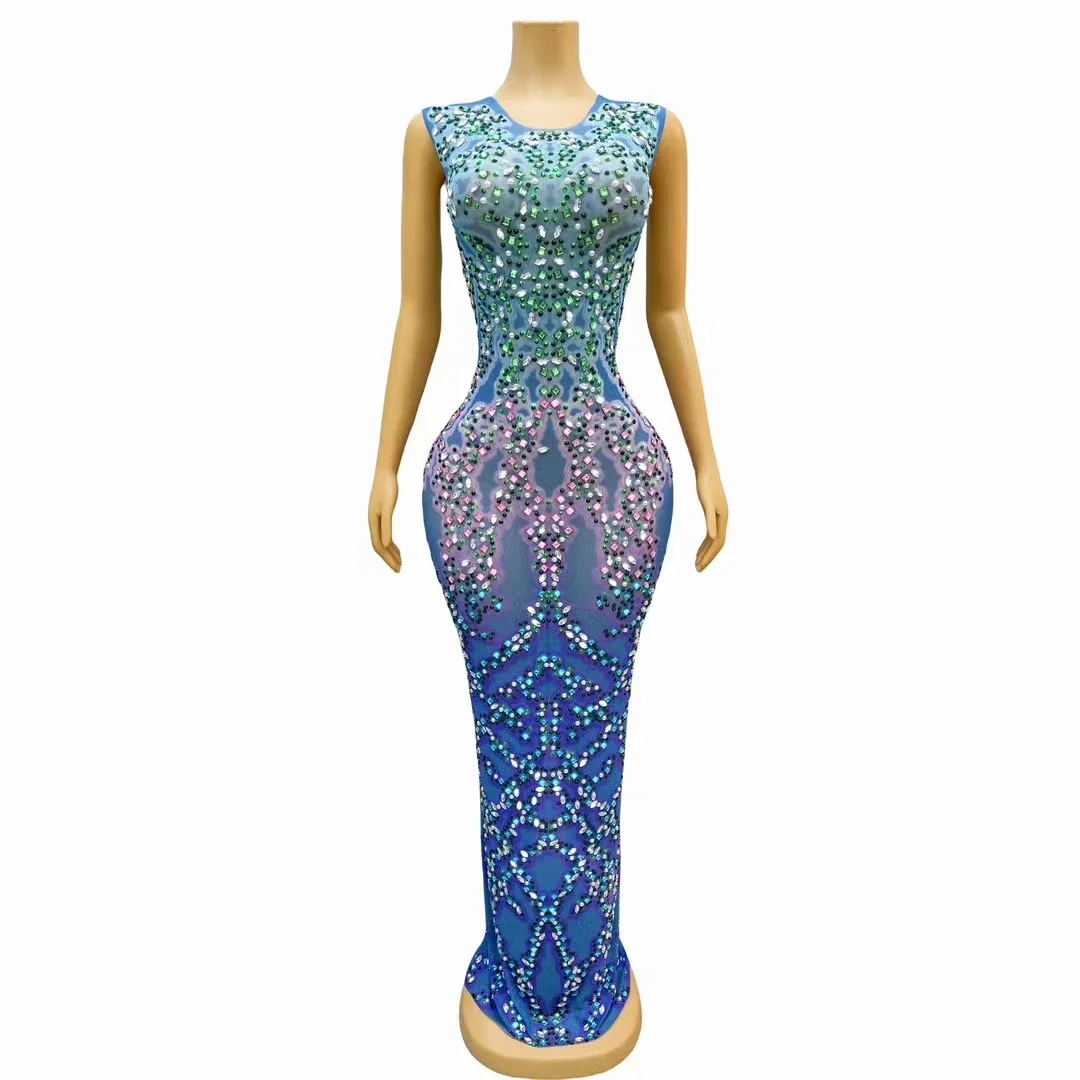 Fashion Multicolor Rhinestone Crystal Sleeveless Dress Sexy Stretch Outfit Singer Stage Birthday Sequin Women Party Evening Gown