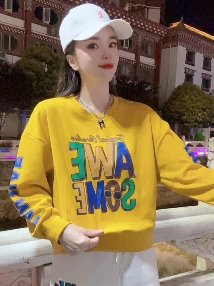 Cotton round Ne Letter Print Sweatirt Women's Spring Autumn New Design Versatile Long Sve Top Comfortable Loose Fit