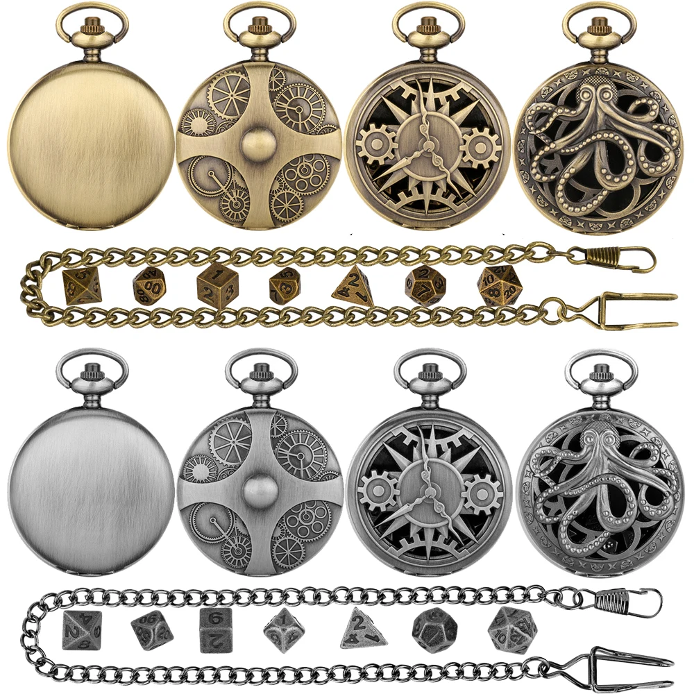 Vintage Pocket Watch Case with Mini Dice Set Fob Chain Pendant Pocket Clock Shell Entertainment Game Role-Playing Storage Case