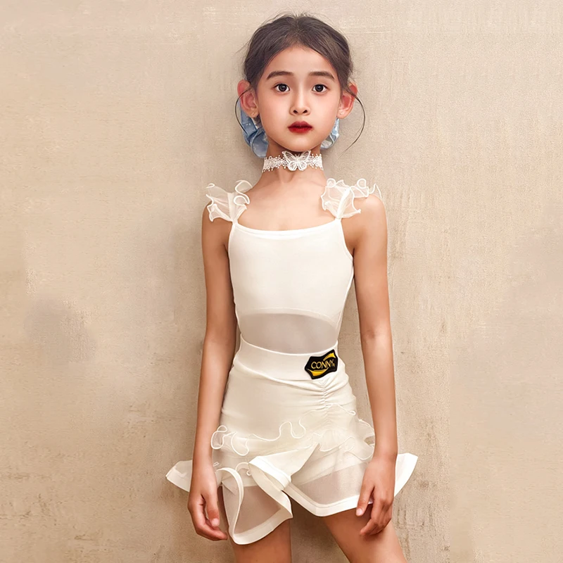 

White Latin Dance Suit For Kids Summer Mesh Leotard Ruffle Skirt Girls Dance Performance Dress Cha Cha Rumba Practice Wear 1951
