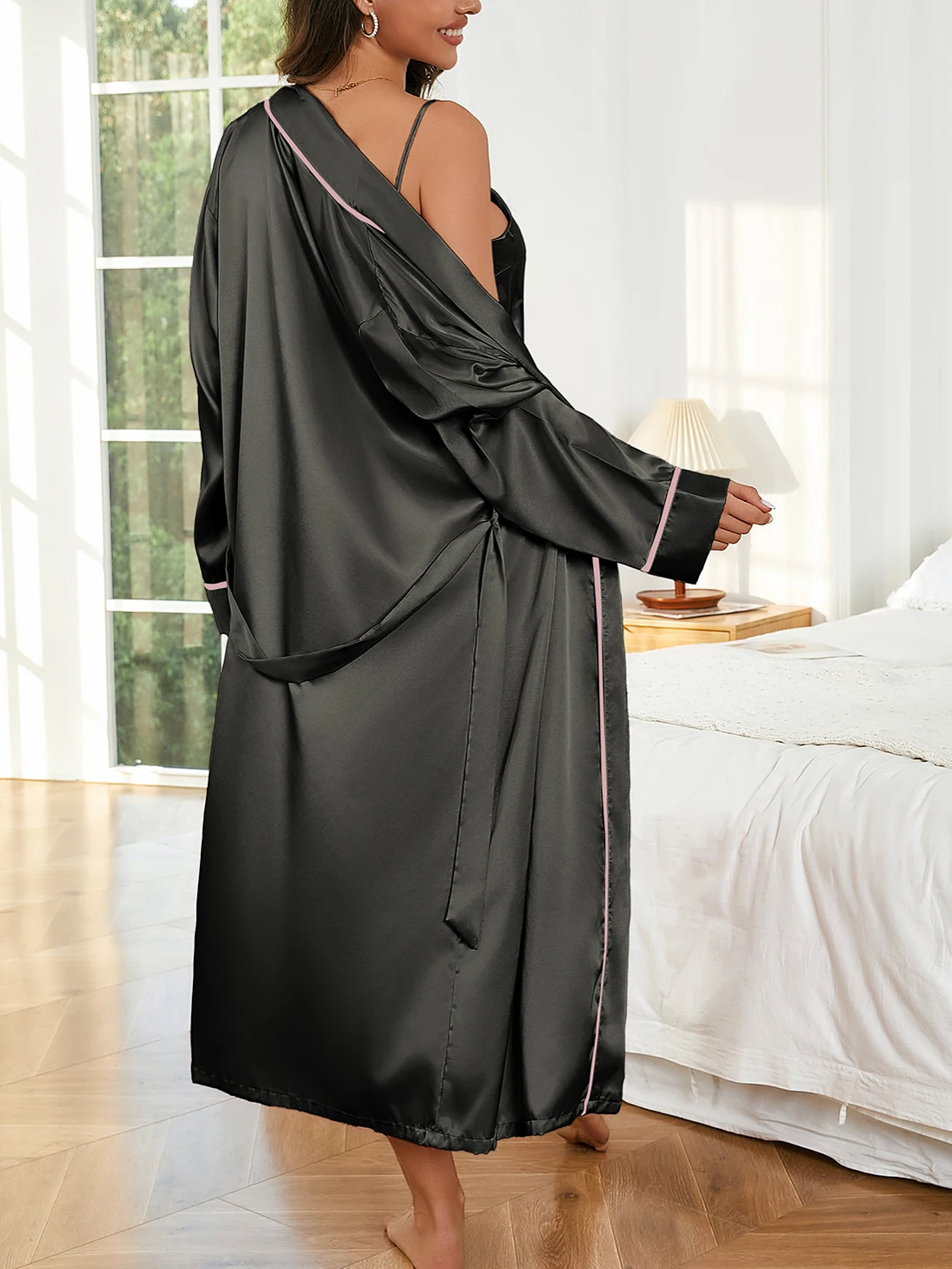 Damen Einfarbiger Badeanzug mit Bindung V-Ausschnitt Slip-Kleid Modische Eleganz Vier-Jahreszeiten-Pyjama-Set – Detail 11