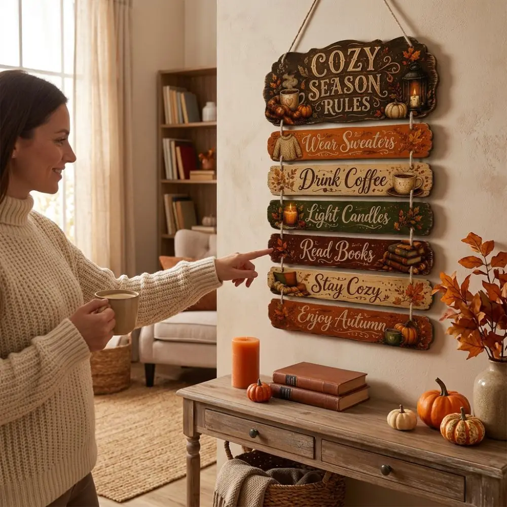 2D Flat Autumn Wooden Sign Vintage Cozy Season Cozy Season Rules Wood Plaque Harvest Themed Wall Art Pumpkin Maple Door Hanger