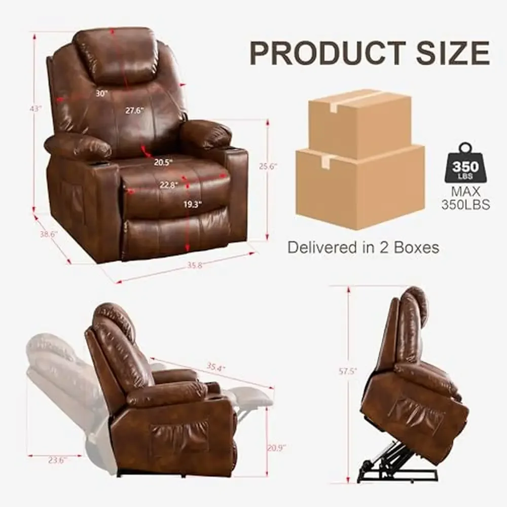 Power Lift Recliner Chair with Massage & Heat Adjustable Elderly Leather Sofa Couch Vibration Massage Lumbar Heating Cup Holders