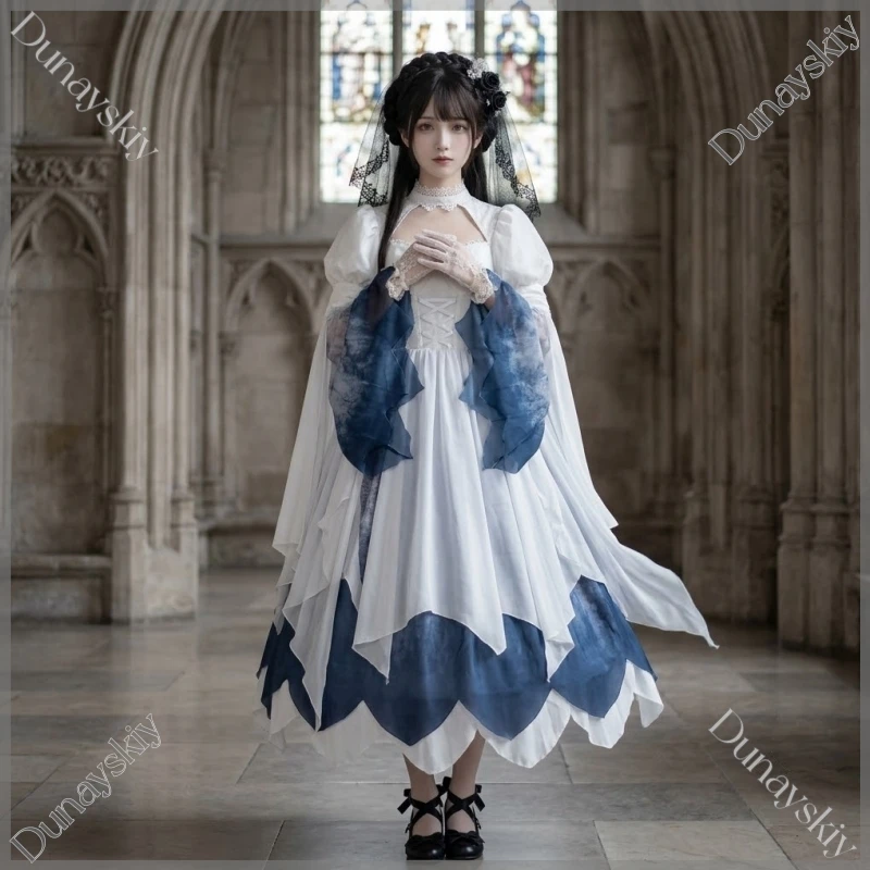 Puff Shoulder Bell Flare Sleeve Cosplay Gown Jirai Kei Dark Bride Lolita Outfit Cosplay Costume Halloween Theme Roleplay Stage