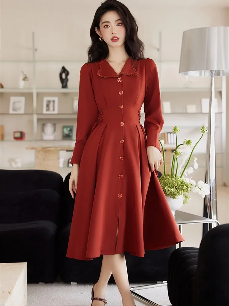 Vestido Rojo de manga larga para Mujer, traje Retro con cuello de solapa, elegante, a la moda, estilo Hepburn francés, temperamento, otoño