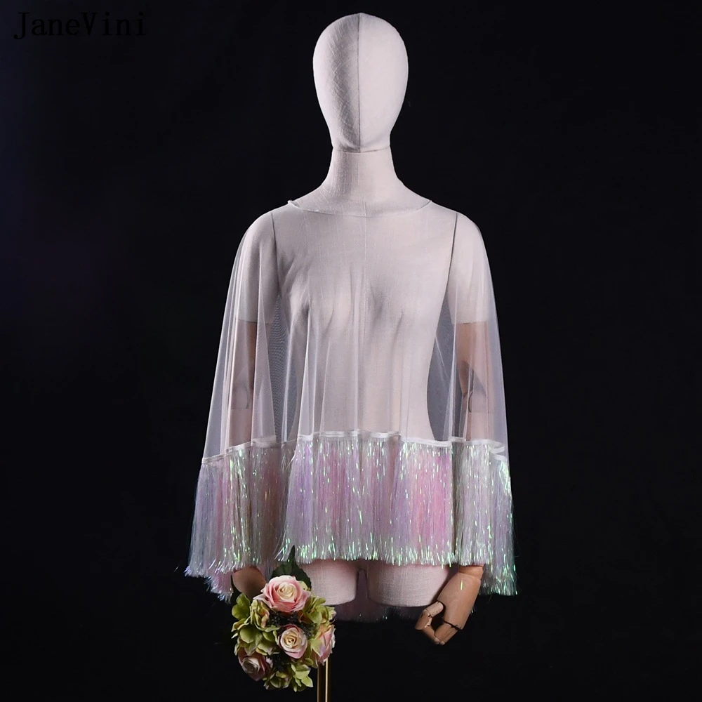 JaneVini Fashion Colorful Tassels White Bridal Shawls Wraps Summer Tulle Wedding Cape Cloak Evening Party Women's Shrug Jacket