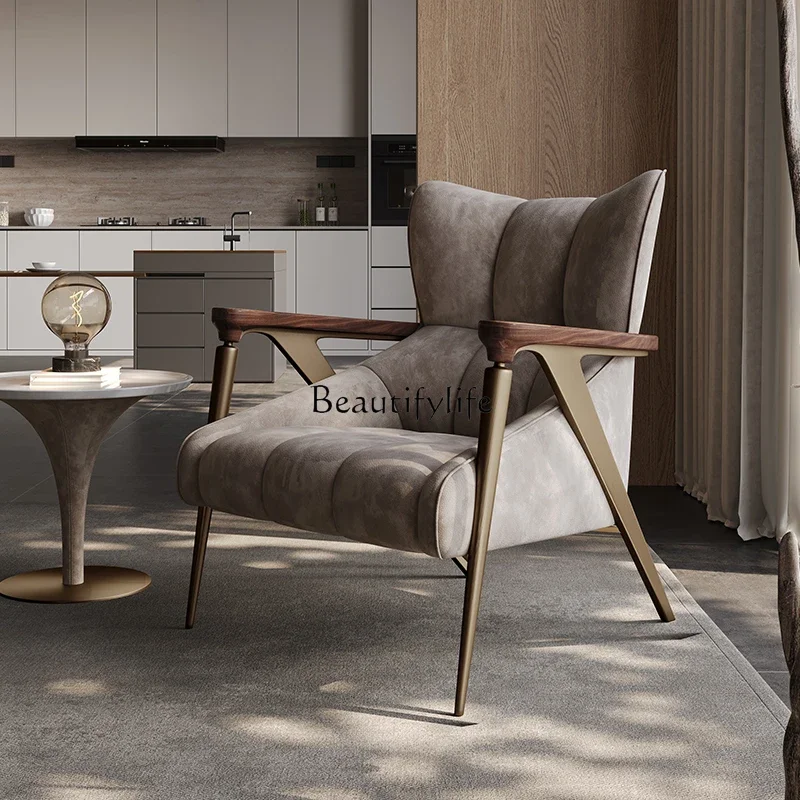 

Italian Minimalist Style Single Sofa Chair Genuine Leather Living Room Black Walnut Light Luxury Balcony Leisure Chair