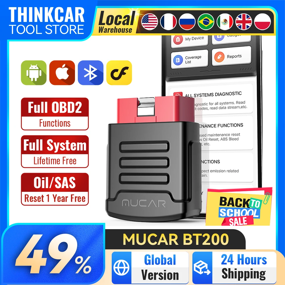 MUCAR BT200/BT200 PRO OBD2 Scanner Full System Diagnostic Tool Lifetime Free Update Check Engine Car Code Reader for Multi Cars