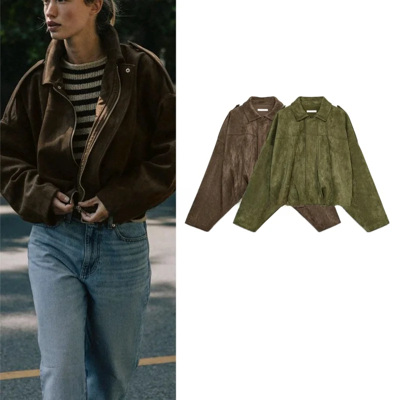 Fall New Women's Long Sve Stand Collar Suede Effect Pilot Jaet Outerwear Casual Loose Fit Polyester Nylon Cosite Fiber