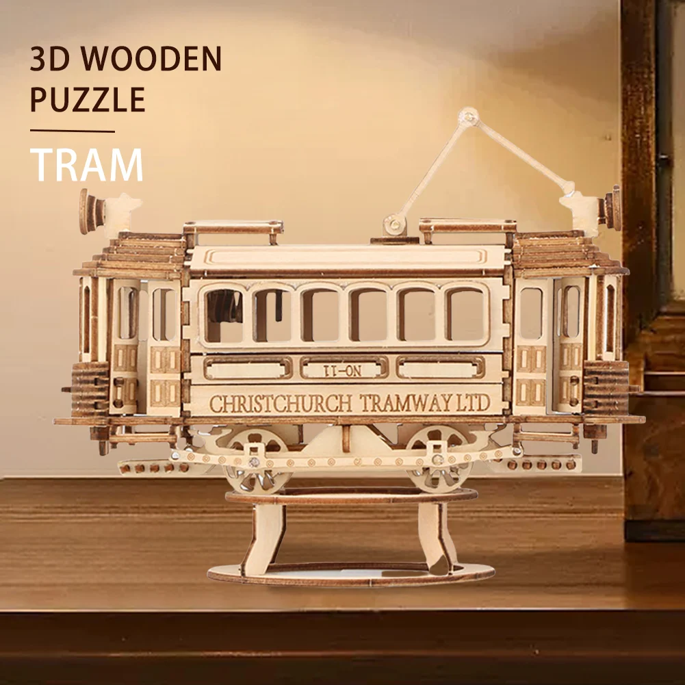 3D Retro Tram Model Wooden Jigsaw Puzzle DIY Wooden Jigsaw Puzzle Adult Toy Children's Educational Game Wooden Jigsaw Puzzle