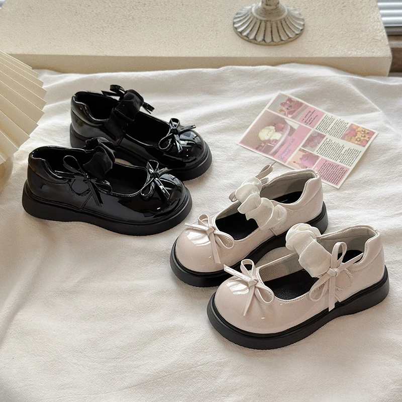 

Girls Leather Shoes for Wedding Party Fashion Princess Glossy with Bowtie Kids Black Mary Janes Ruffles Sweet Anti-skid Soft New