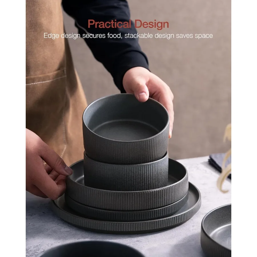 Star Dinnerware Sets Plates and Bowls Set for 4 12 Pieces Ribbed Dishes Chip and Scratch Resistant Microwave and Dishwasher Saf