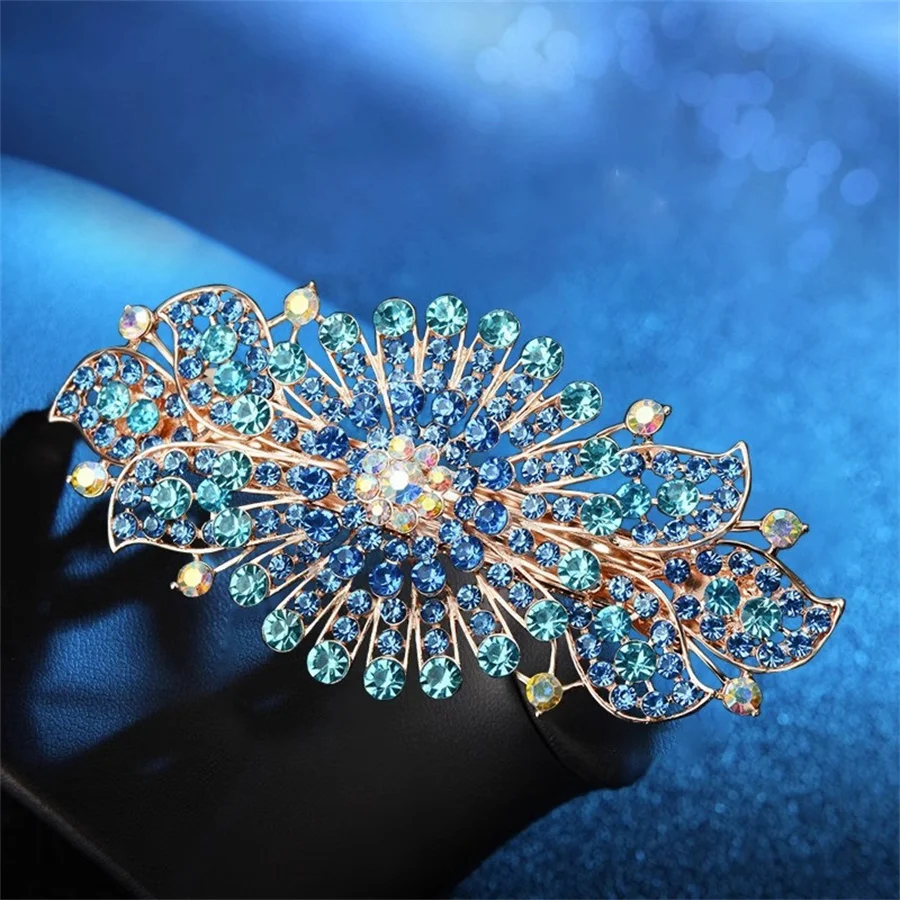 New Korean Blue Crystal Flower Spring Hair Clip Vintage Rhinestone Horizontal Clip Top Clip Elegant Mom Fashion Hair Accessories