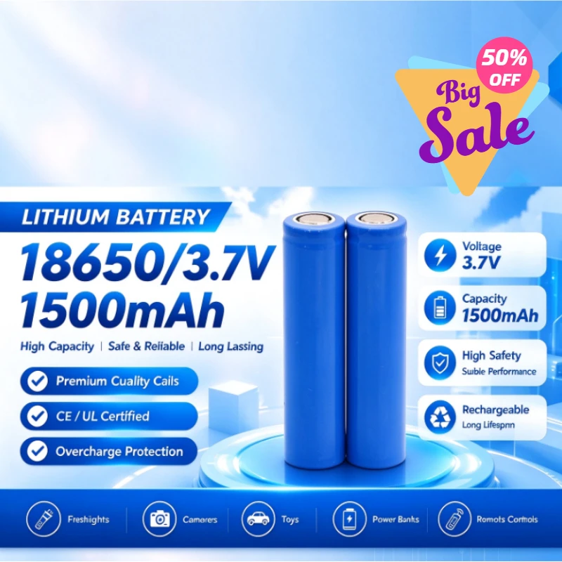 10PCS 18650 Lithium Battery 1500mAh 3.7V Flat Head Grade A Cell for Digital Products Toys Lighting Single Rechargeable Battery