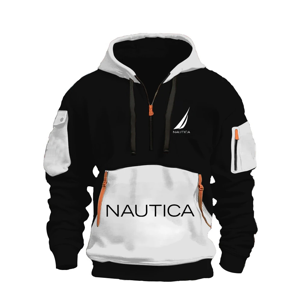NAUTICA Men's Half-Zip Hoodie, Color-Block Hoodie, Multi-Pocket Pullover, Outdoor Casual Sports Long-Sleeve Streetwear