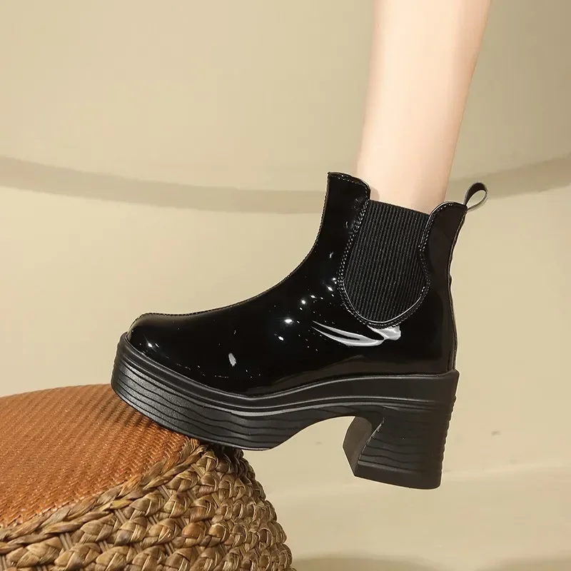 

Womens Heeled Ankle Boots Platform Zipper Punk Motorcycle Booties Chunky Block High Heel Round Toe Fashion Combat Boots New 2025