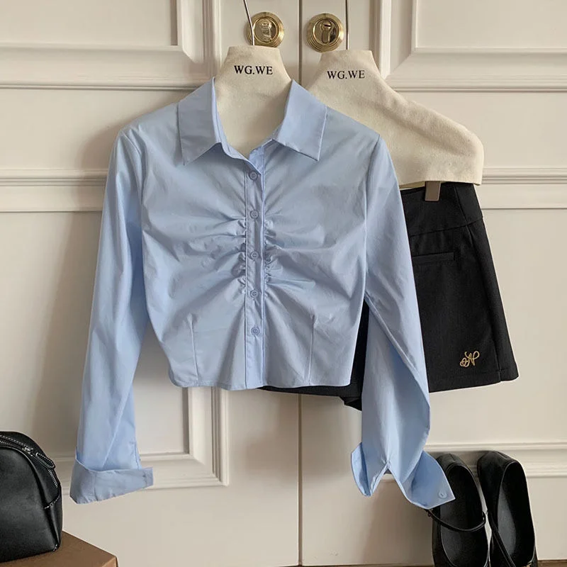 เสื้อเชิ้ตจีบแบบไม่สมมาตร ดีไซน์หรูหรา ทันสมัย โดดเด่นไม่ซ้ำใคร แขนยาว