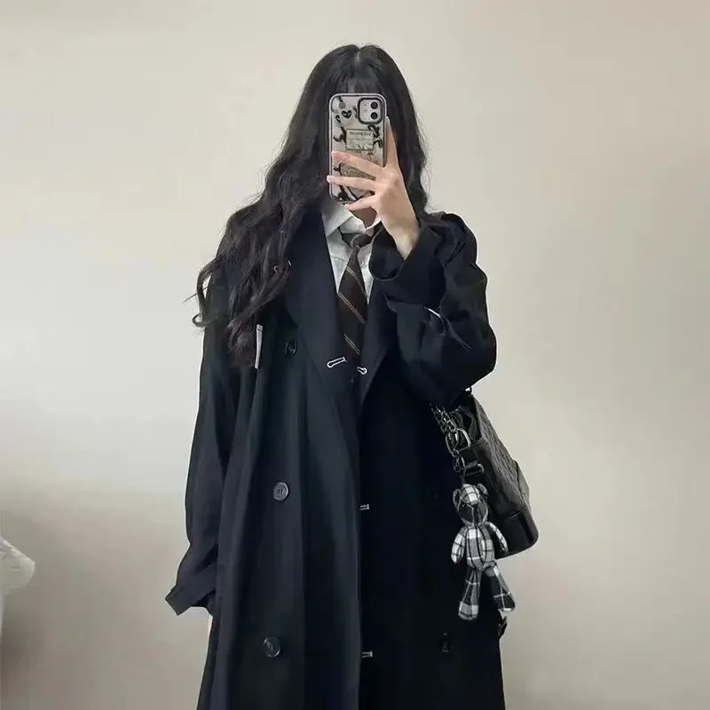 Black Medium-length Trench Coat Women's Chic Petite Spring Autumn 2024 New Style Overcoat Jacket For Ladies Fashion