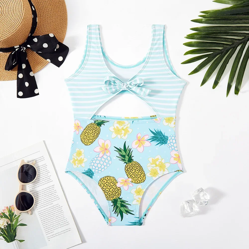 5-14years meninas roupa de banho verão sem mangas floral/pineapplel impressão maiô crianças bonito azul uma peça maiô