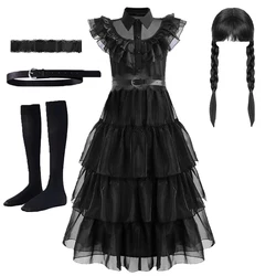 Girls Black Halloween Cosplay Costume Kids Princess Dress With Wigs Belt Socks Cat Ears Headband Birthday Party Halloween Outfit