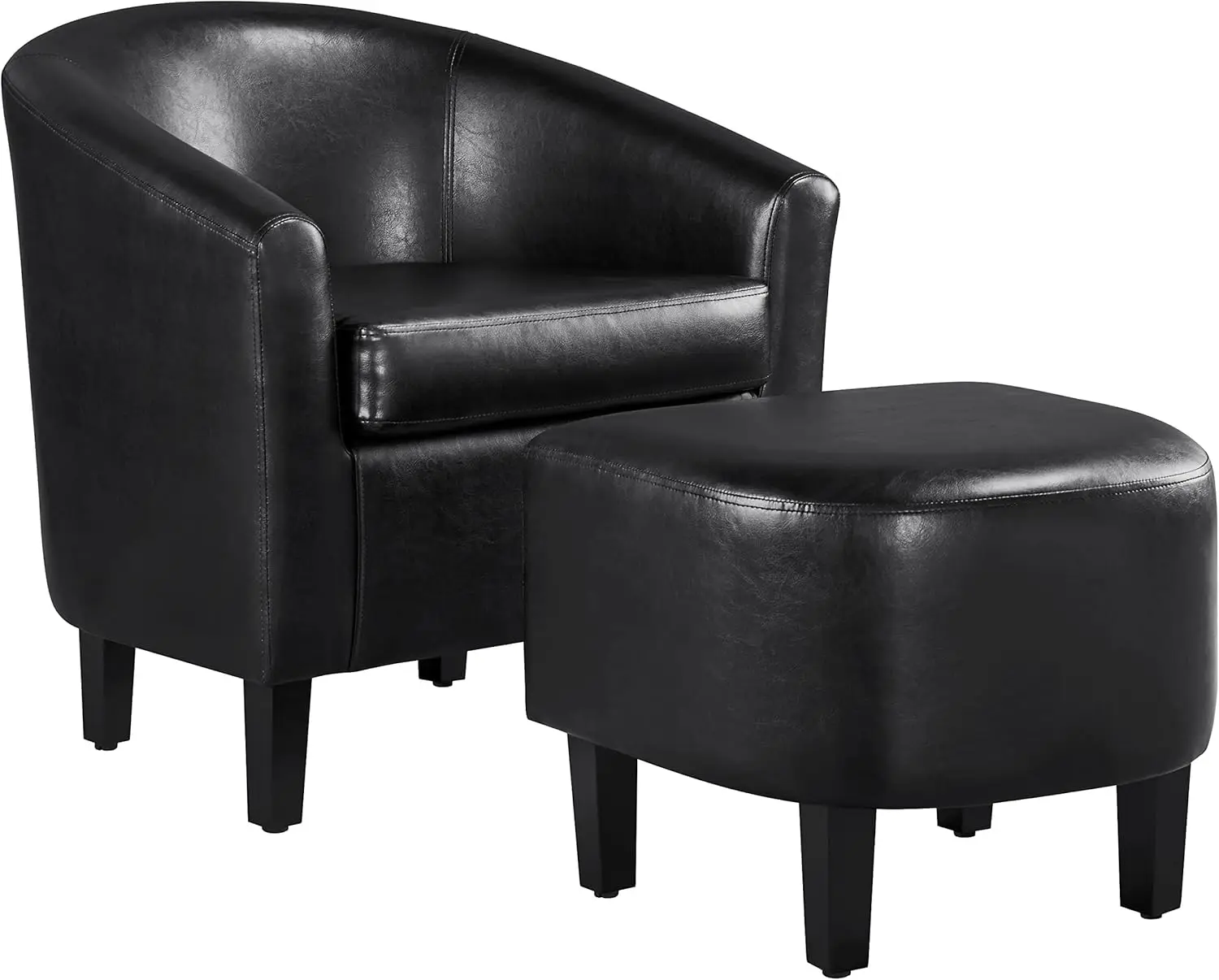 Accent Chair with Ottoman Set, Modern Faux Leather Upholstered Soft Barrel Chair and Footrest, Club Armchair and Foots