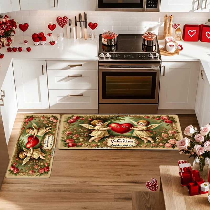 

Valentine's Day kitchen rug, made of flannel, soft and comfortable, washable, Valentine's Day decoration