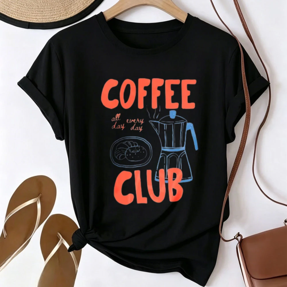 Coffee Club Moka Pot Croissant Sketch Graphic T-shirt Men Women Coffee Lover All Day Every Day Letter Print Short Sleeve Tee Top