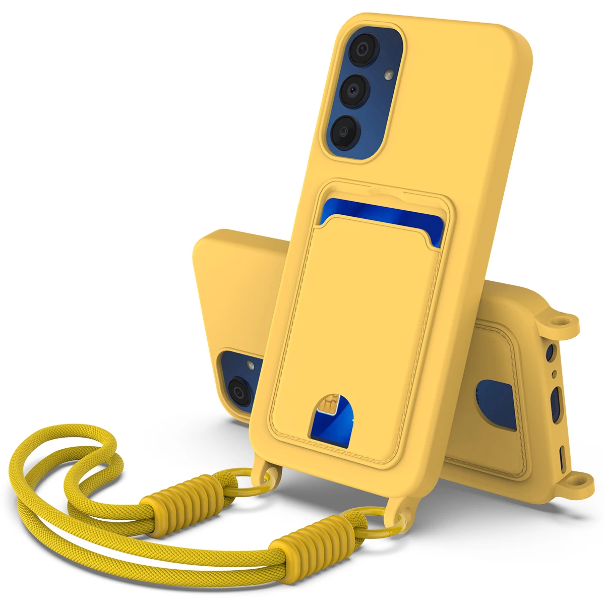 

For Samsung Galaxy A35 5G Liquid Silicone Case Phone Back Cover with Card Holder and Short Strap - Yellow