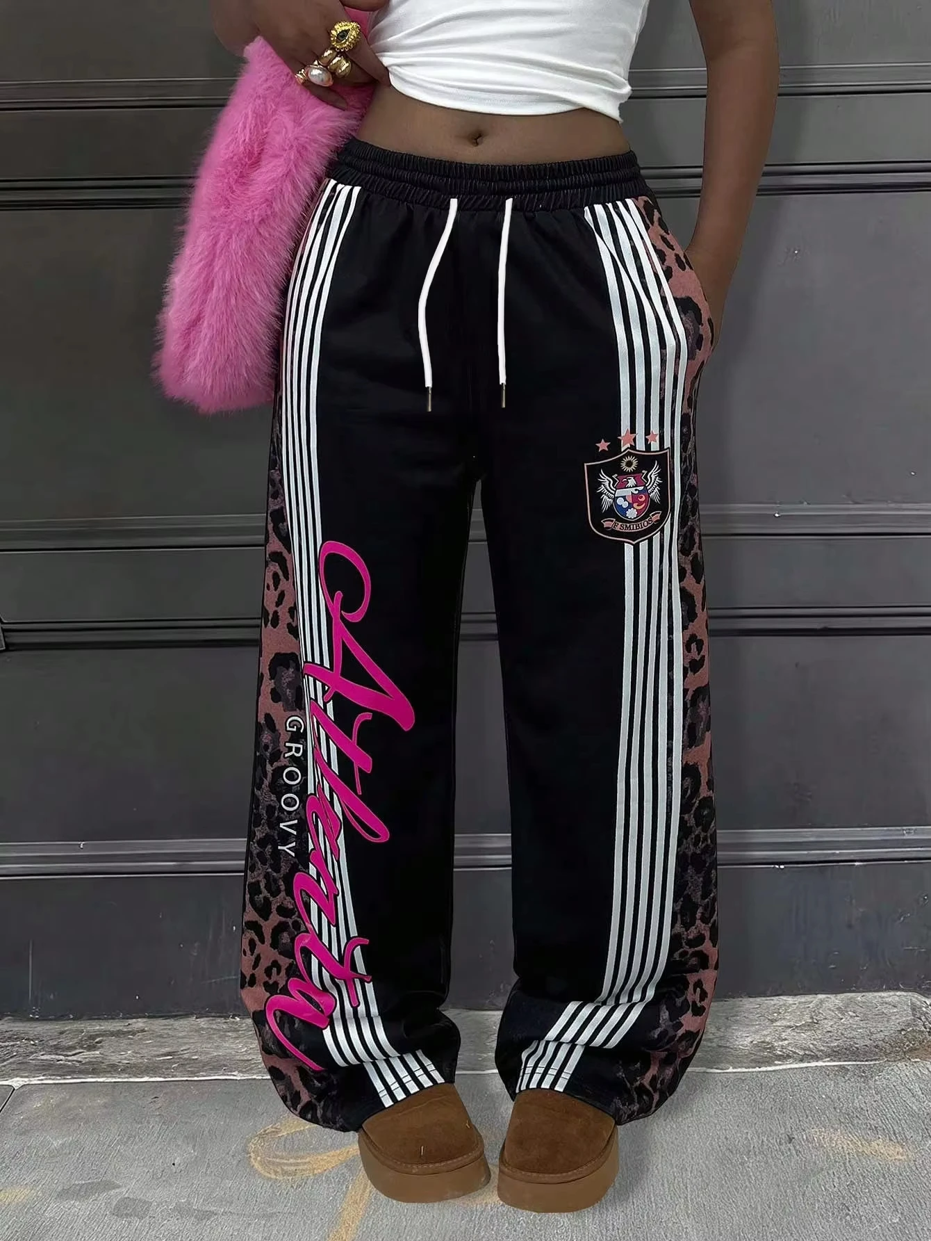 Men Women Straight‑Leg Pants,3D Leopard Stripe Letter Print Quick Dry Trousers,Elastic Drawstring Waist Hip‑Hop Sports Pants