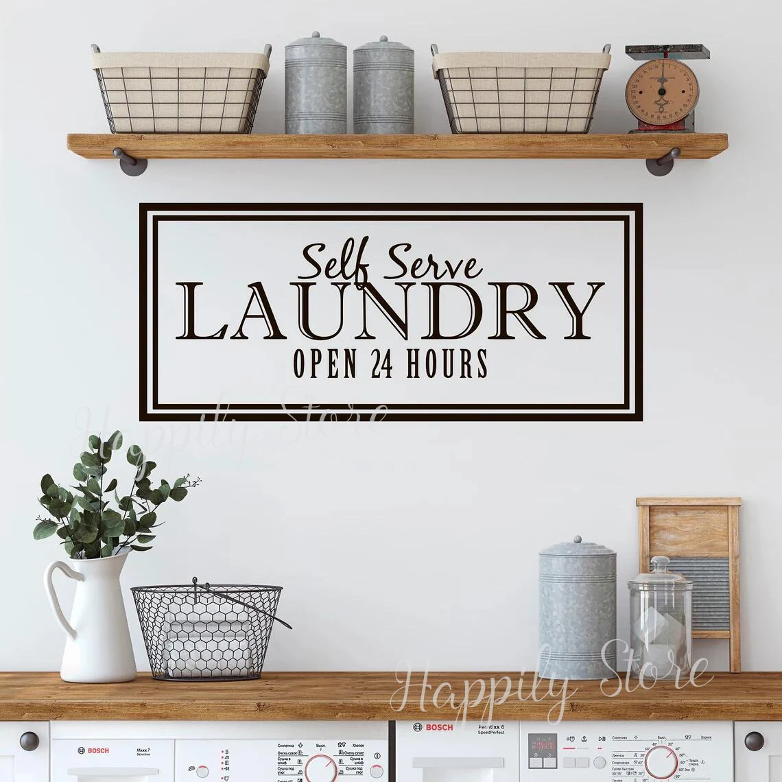 Laundry Wall Decal Self Serve Laundry Open 24 Hours Vinyl Wall Sign Door Decals Stickers Home Decorations Wallpaper P1047