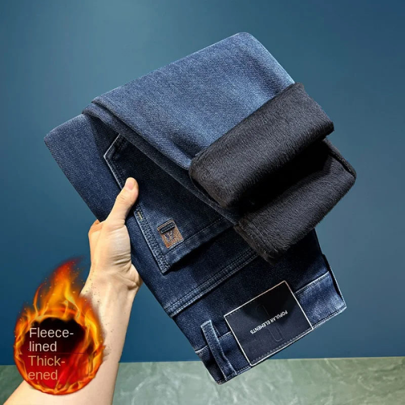 Calças de brim de inverno masculinas forrado de lã engrossado elástico reto estiramento manter quente confortável na moda casual fluff calças compridas