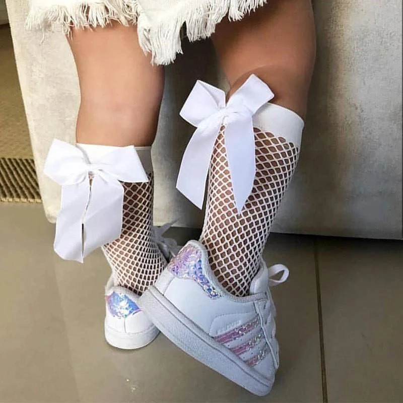 Lace Hollow Out Bow Socks Sweet Adorable Lovely Mesh Fishnet Girls Mid-Calf Long Socks Summer Kids Girls Hosiery Stockings