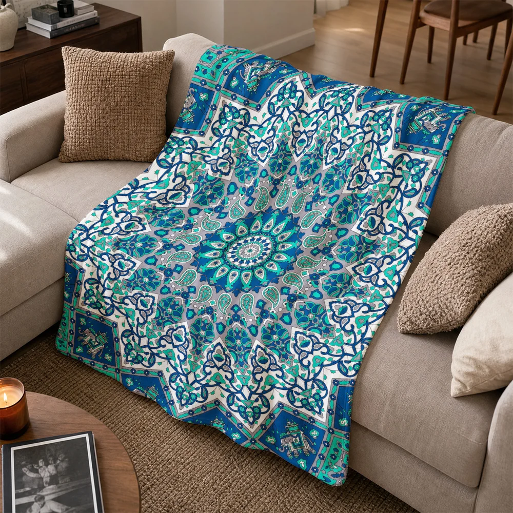 Moroccan Boho Geometric Print Throw Blanket Sofa Throw Tapestry Cozy Decorative Blue Living Room Couch Decor