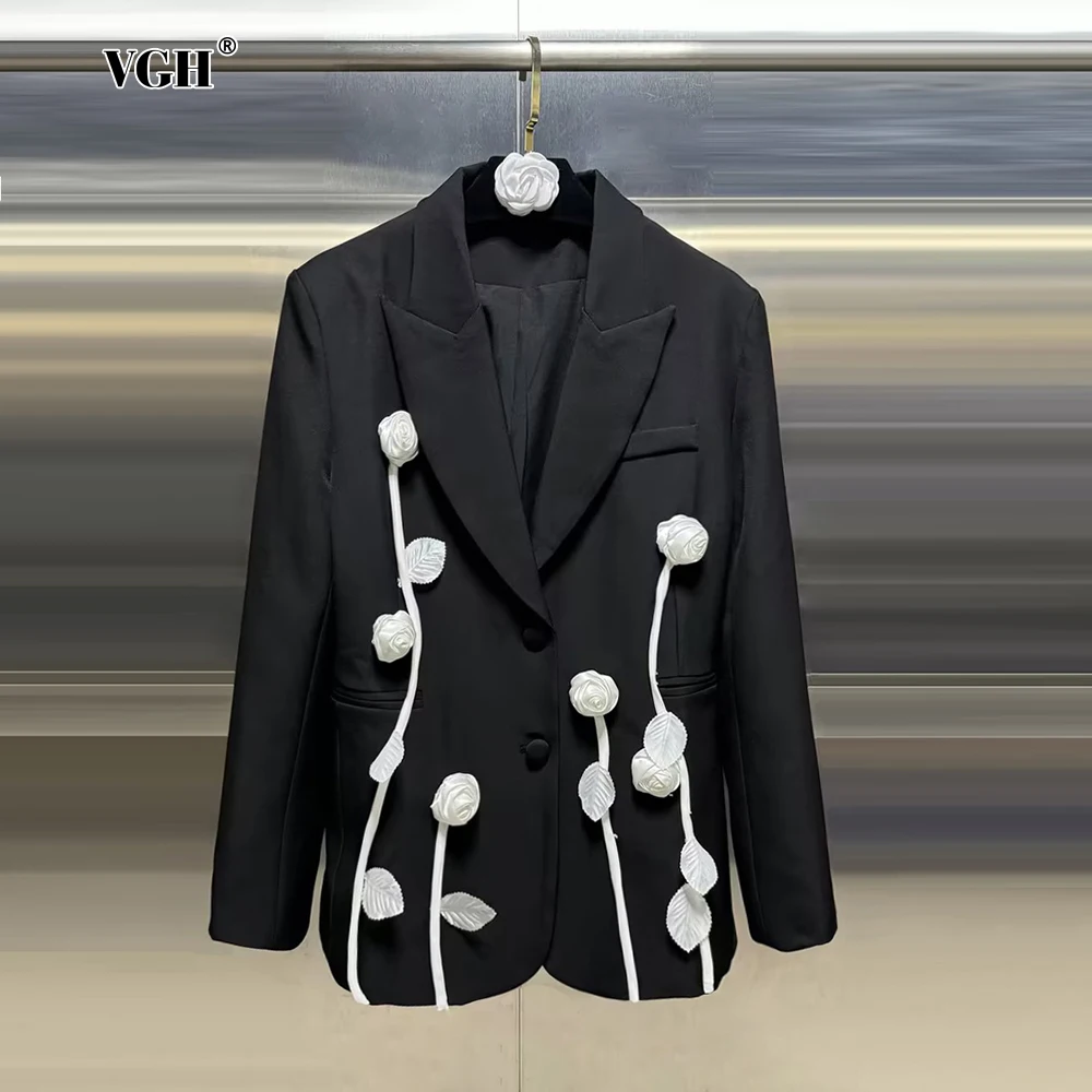 

VGH Casual Spliced Appliques Solid Blazers For Women Notched Collar Long Sleeve Patchwork Pockets Minimalist Loose Blazer Female