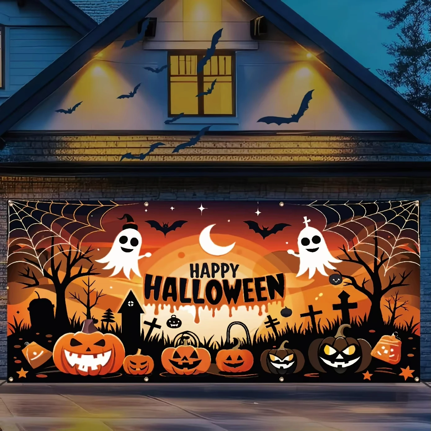 1PC Halloween Garage Banner Tapisserie Dekoration Geist Friedhof Vollmond Kürbis Geist Foto Muster Halloween Dekoration
