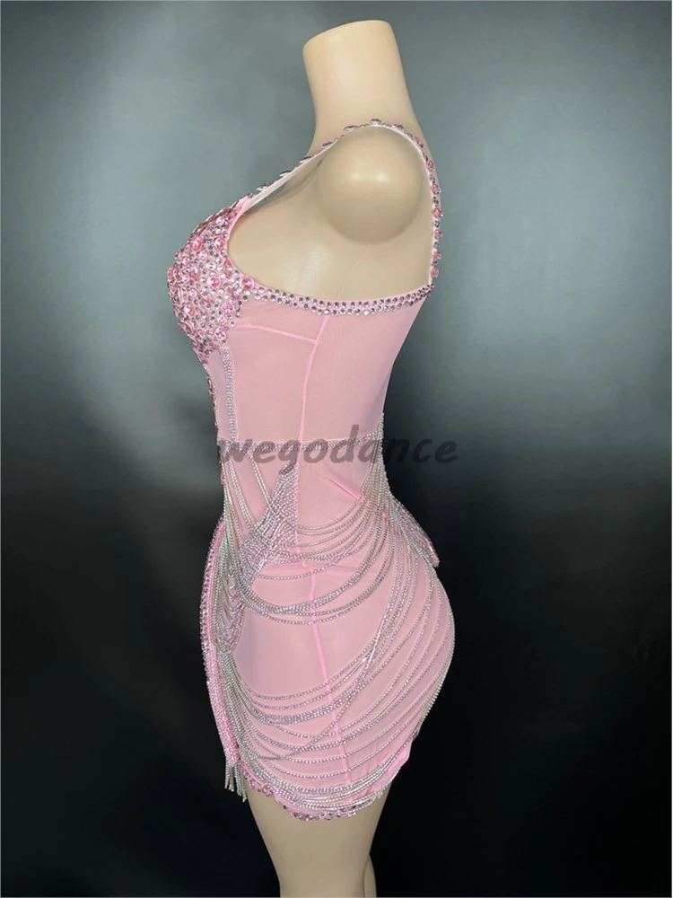 Cute Pink Sexy Suspender Stage Costume Full Rhinestones Birthday Party Perfromance Dress