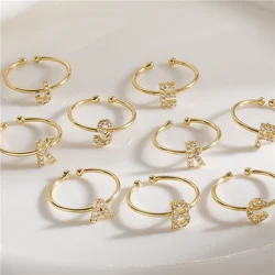 18K Gold Plated Brass 26 Letters CZ Initial Ring Adjustable Couple Ring Cubic Zirconia Inlaid Women's Jewelry Gift Wholesale
