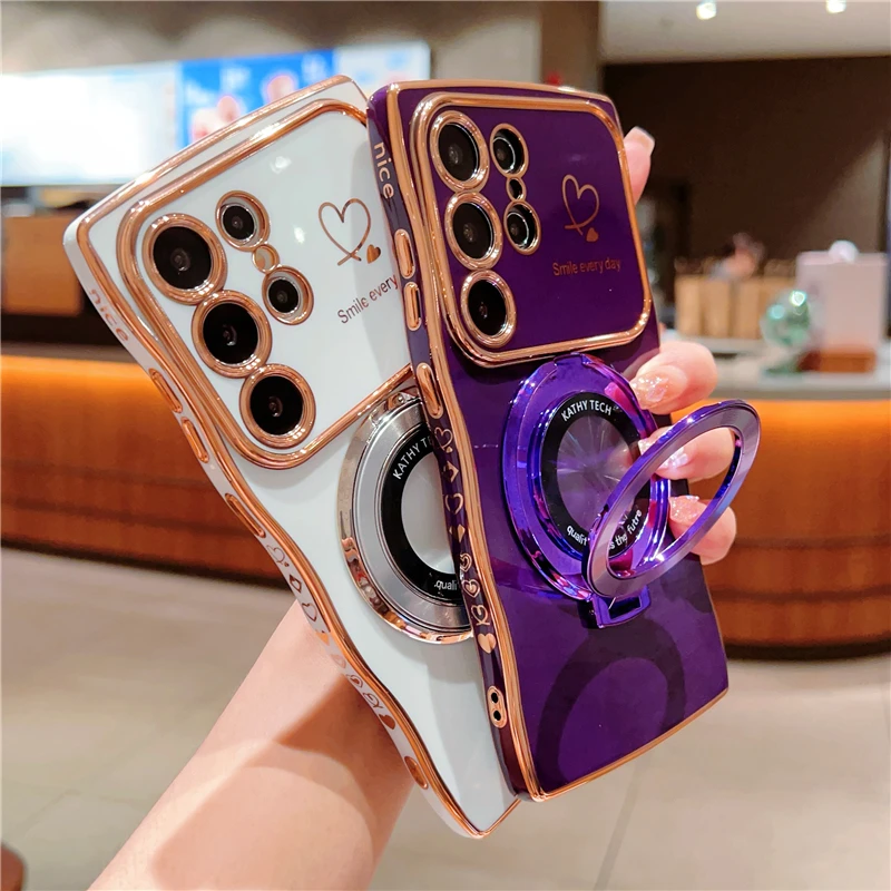 Drehbare magnetische Ständer-Silikon-Handyhülle für Samsung S26 Ultra S25Edge S24/23FE S22 Plus Galvanik Love Heart Shell