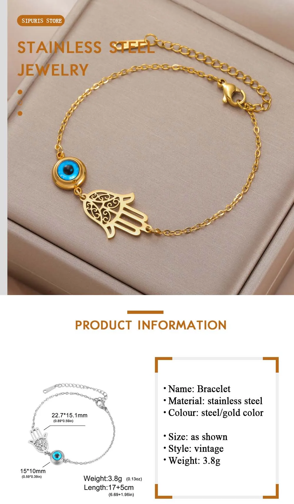 Sipuris Türkisches Hamsa-Böses-Auge-Armband für Frauen, Edelstahl, Goldfarben, Charm-Choker-Armband, Schmuckzubehör, Geschenk – Detail 5