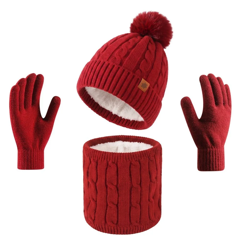 3Pcs/Set Warm Winter Hat Scarf Gloves Set Thicken Lining Scarf Neck Warmer Suit Soft Elastic Touchscreen Gloves for Men Women