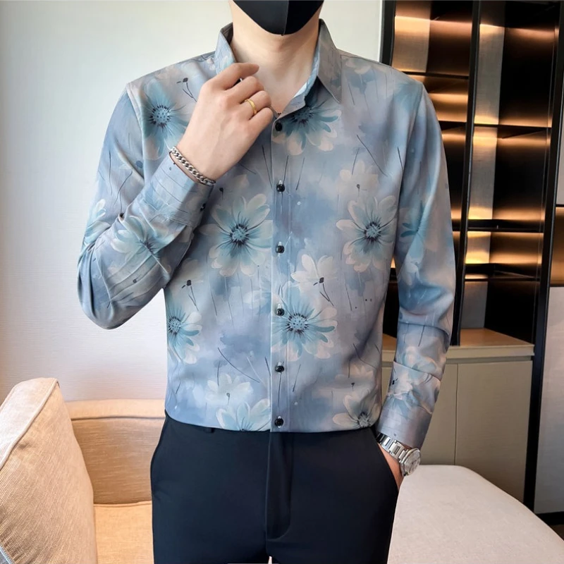 British Style Floral Print Long Sleeved Shirt for Men's Autumn Casual Social Shirt Slim Fit Slim Fit Streetwear Camisa Masculina