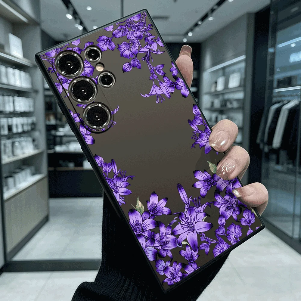 Purple Lily Frame Shockproof Soft TPU Back Case For Samsung S22 S23 S24 S25 S26 Ultra A16 A35 A55 Anti Drop Cover
