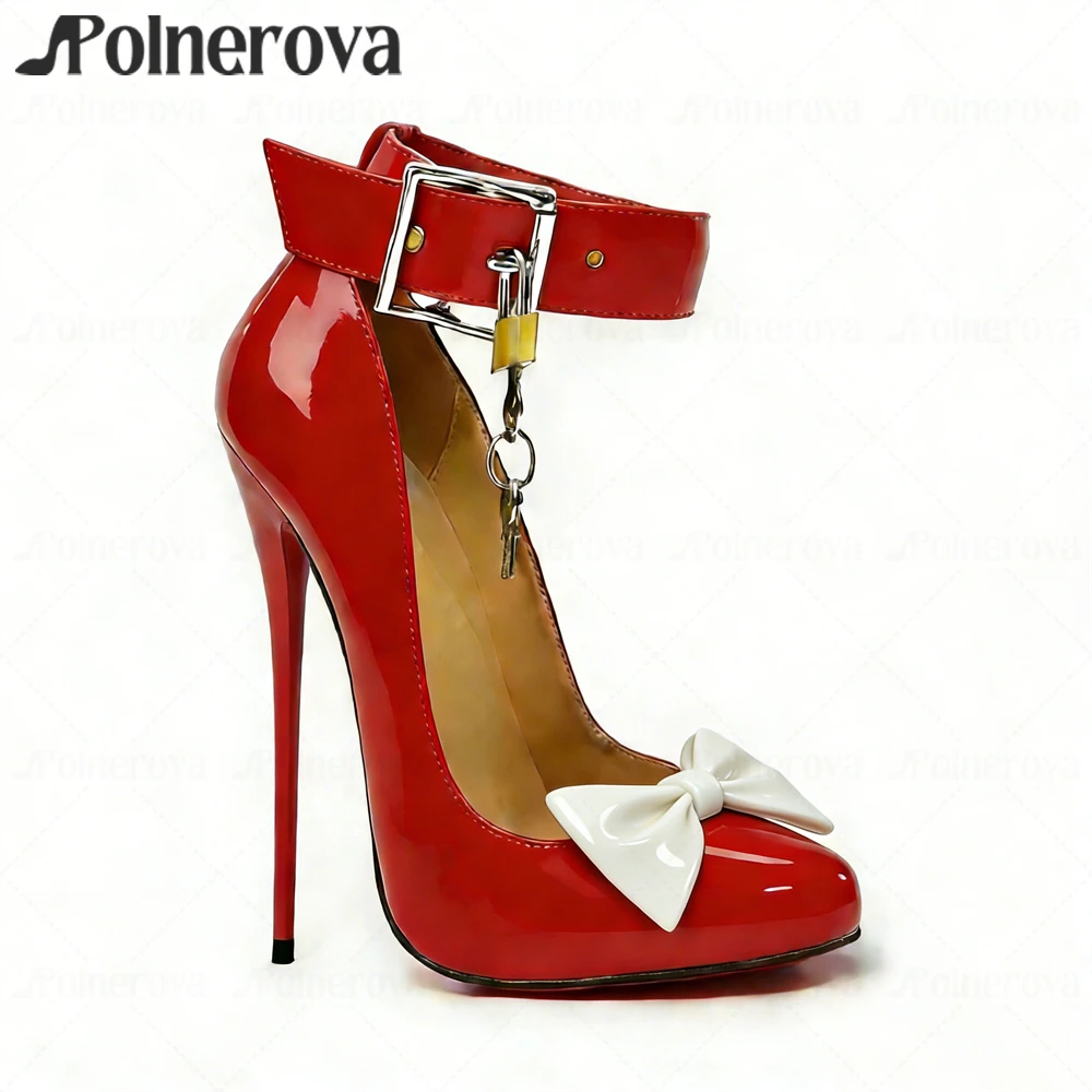 16cm Lacquered Bow Lock Pumps Elegant Sexy Style Round Toe Stilettos Metallic Square Buckle Strap Ultimate High Heels for Women